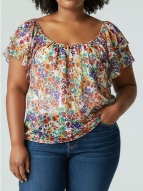 H&M Multi Floral Flutter-Sleeve Off the Shoulder Blouse, Opaque, Lightweight